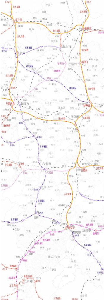 三省东进安徽铁路阜阳及六安布局图