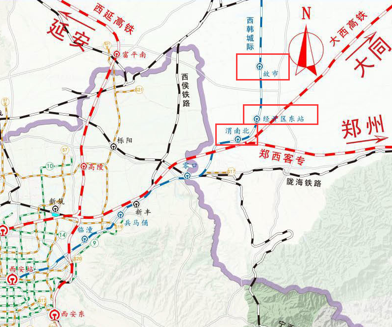 过临潼,兵马俑,零口(利用陇海铁路)到渭南北站(或许还将设经开区东站