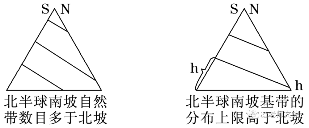 (4)利用自然带判断南北半球 通过自然带的数量,判断阳坡和阴坡,进而
