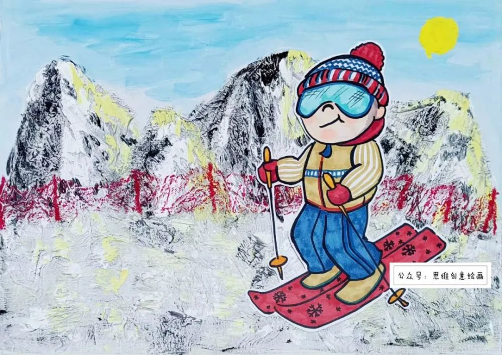 【第五步】在素描纸上画出滑雪的运动员,贴到背景上
