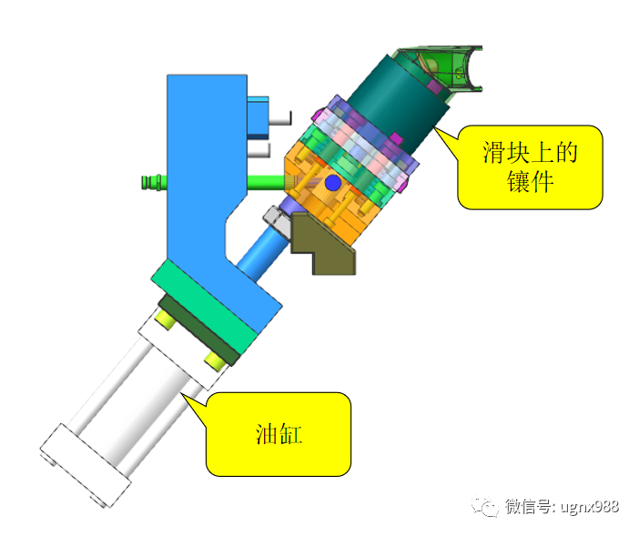 斜顶机构,由于行位的形程很长,采用油缸抽芯,设计这种油缸抽芯滑块要