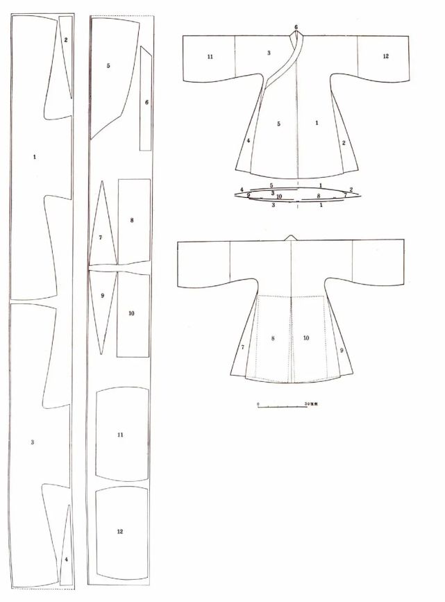 1 展开裁剪结构及拼接成衣示意图1,3 前后襟通肩袖2,4,7,9 下摆两侧