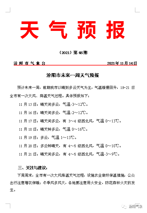 汾阳市一周天气预报气温缓慢回升