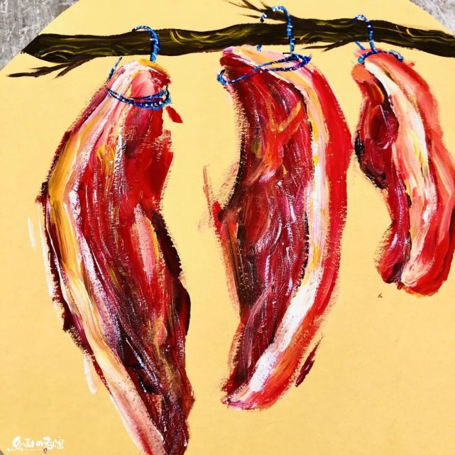 步骤一:首先我们运用水粉颜料绘画出腊肉的基本形态.