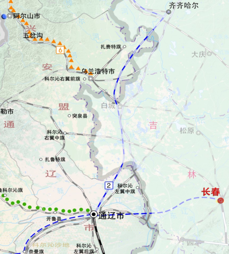 线路走向示意图线路由通辽站引出,经过宝龙山,太平川,通榆,洮南,白城