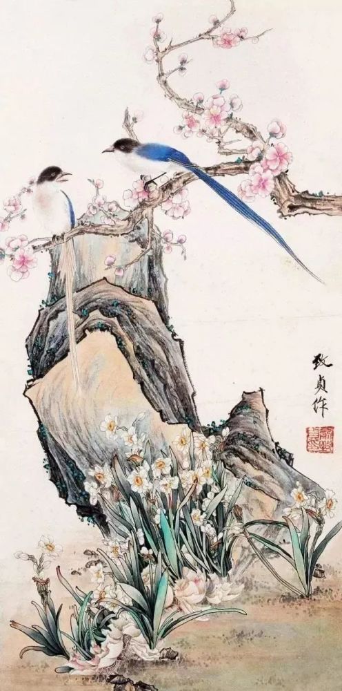 俞致贞 梅花双喜俞致贞(1915—1995)著名花鸟画家擅长工笔花鸟,草虫