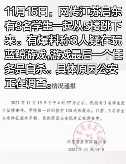 戳看 江苏启东3名小学生疑似玩蓝鲸游戏坠楼!