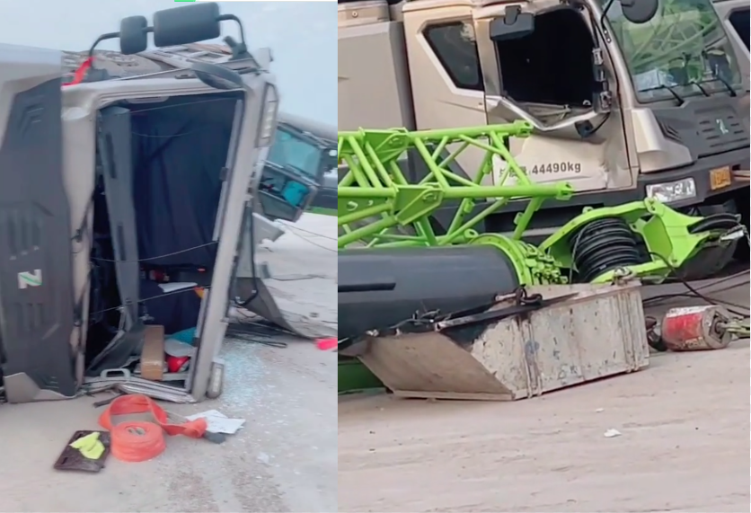 吊车院中翻车,大臂砸到另一台吊车驾驶室,玻璃碎车门匾,所谓家丑不可