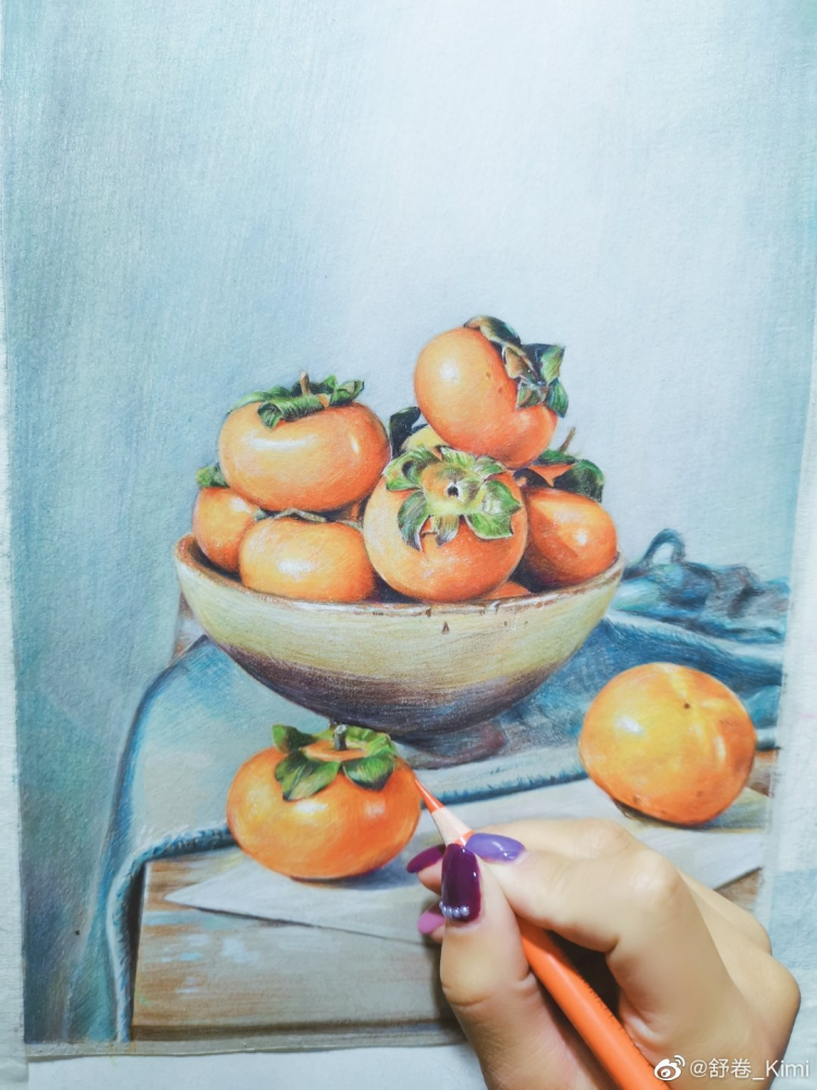 彩铅《柿柿如意,彩铅柿子绘画过程,画师舒卷_kimi