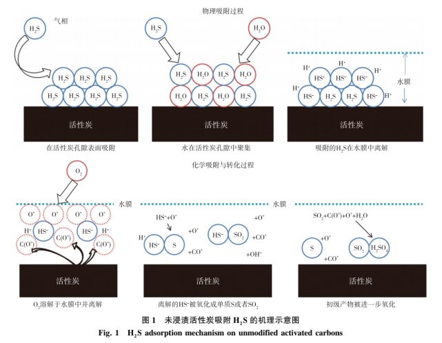 1活性炭的h2s吸附脱除机制 由于活性炭的孔隙表面总体上表现为疏水性