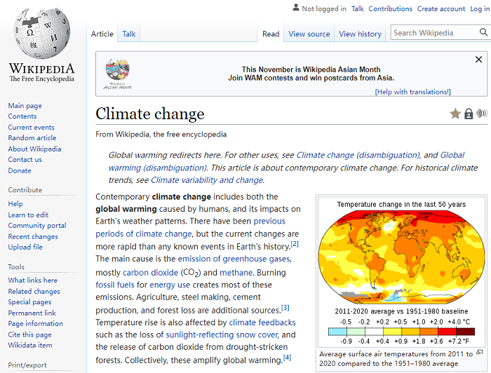 部分语种的维基百科页面 让访客对气候变化产生了怀疑