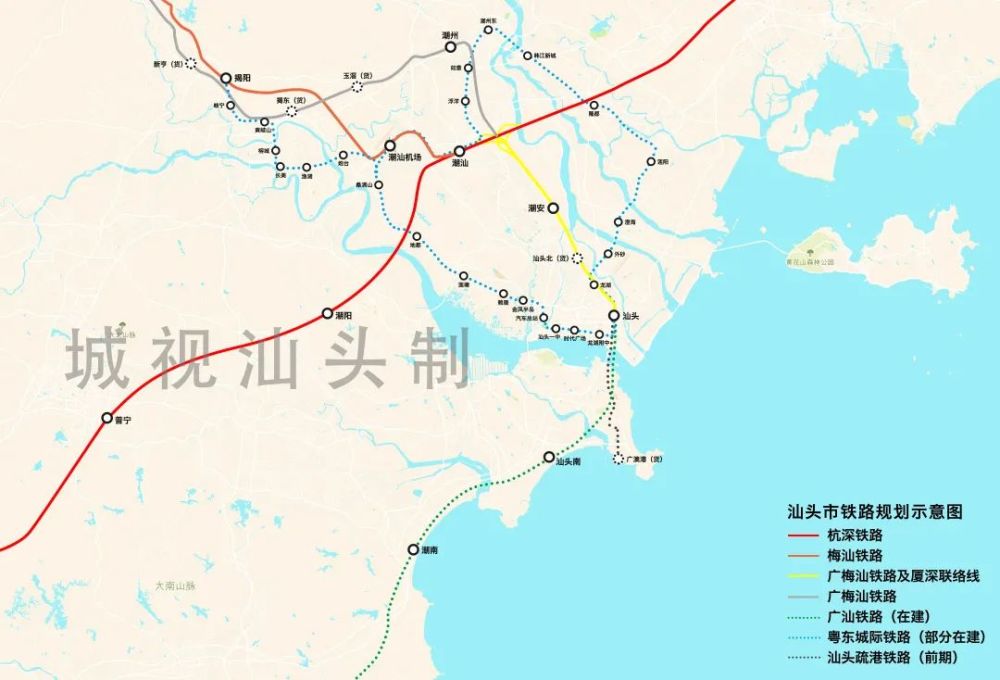 汕头高铁站站改效果图 汕头市铁路规划示意图 目前,粤东城际"一