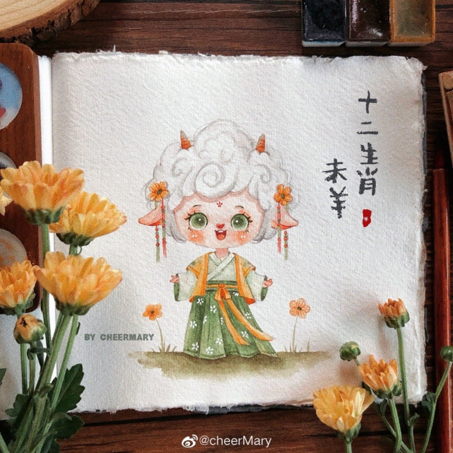 古风q版水彩十二生肖,画师cheermary