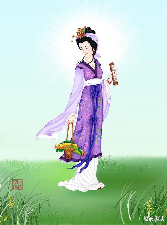 "鱼篮观音"为民间传说中的观音形象之一,可能源自"金沙滩马郎妇"的