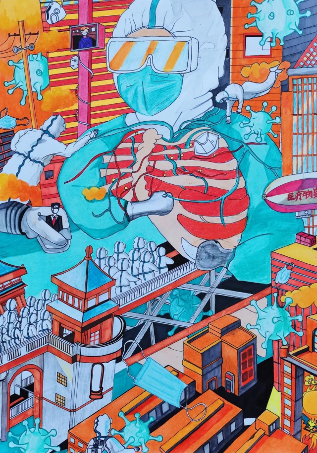 抗疫创意绘画作品 20学前教育王金蝉 鼓舞"士"气 心手相牵 合力战"
