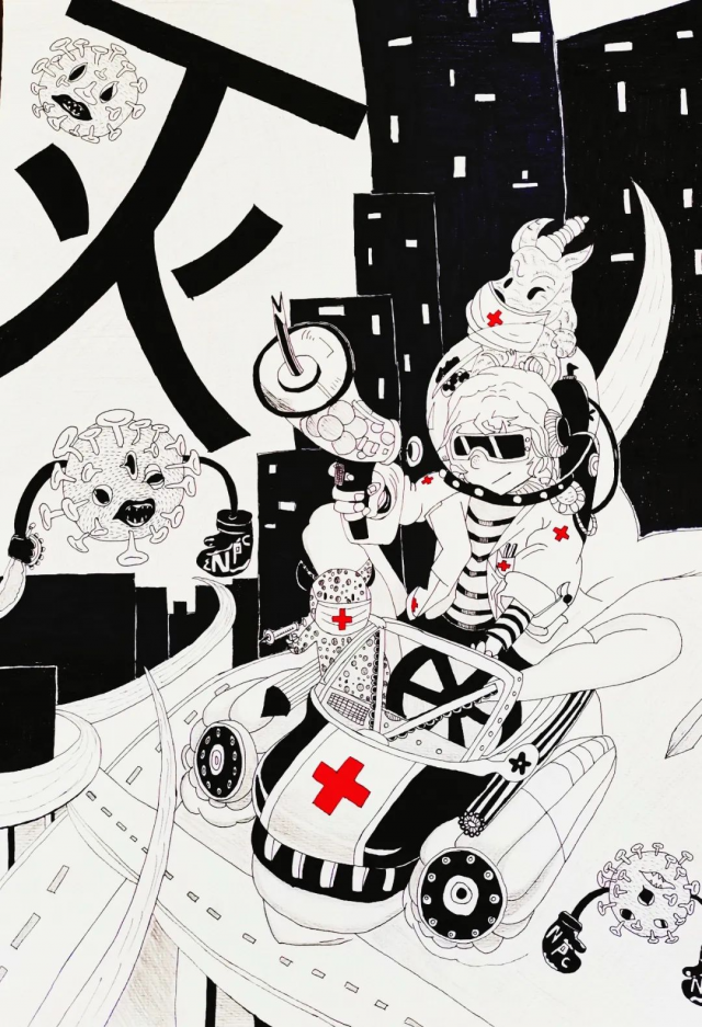 抗疫创意绘画作品 20学前教育王金蝉 鼓舞"士"气 心手相牵 合力战"