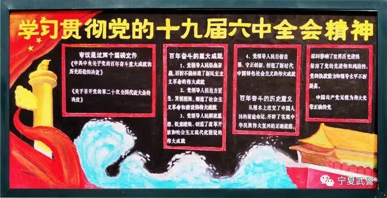 在观看党的十九届六中全会新闻发布会之后,组织"板报画十九届六中全会