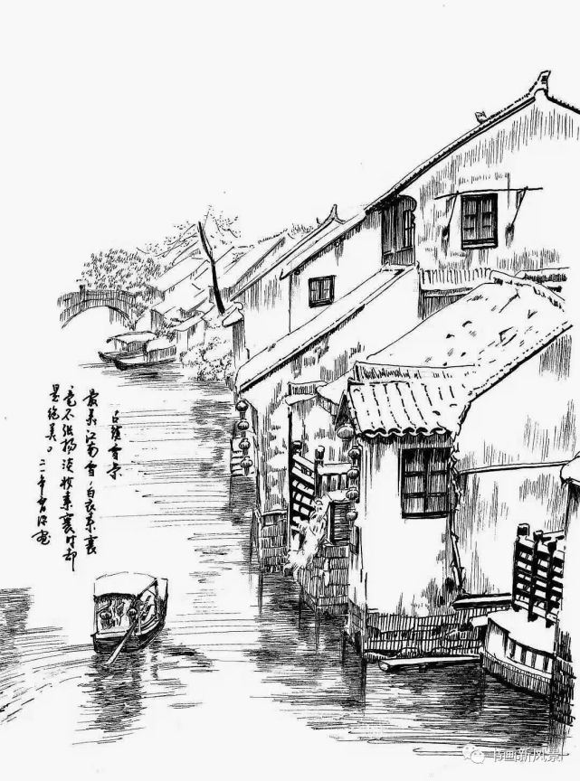 钢笔画:江南雪|江南|古镇|水乡|白雪