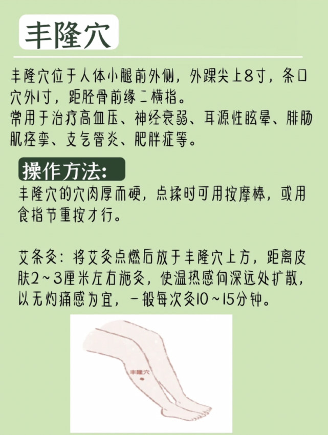 丰隆穴丰隆穴位于人体小腿前外侧,外踝尖上8寸,条口穴外寸,距胫骨