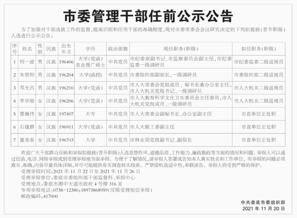 娄底市委管理干部任前公示公告 其中4位女干部