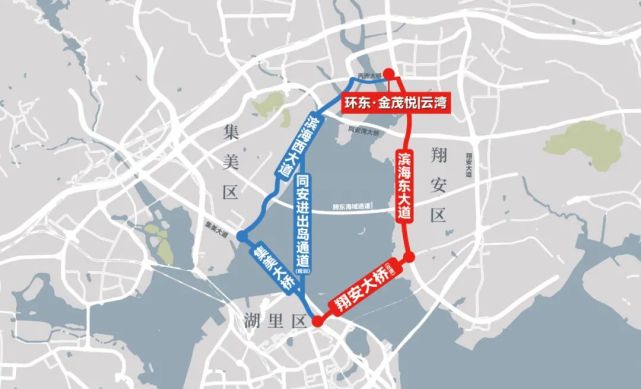 路网方面,滨海东大道--翔安大桥(在建),滨海西大道--同安进出岛通道