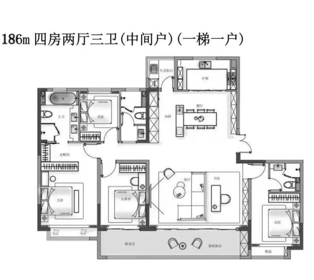 建面约186㎡户型有两种设计,一种是中间户,一种是边户.