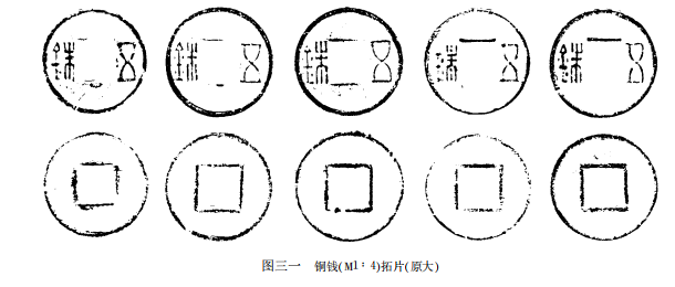 均为五铢钱,圆形方穿,正面穿两侧为"五铢"2字,"五"字两交笔有斜直或缓