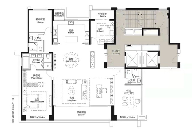 建筑面积约256㎡的c户型,大面宽格局构筑开阔视线,餐厨空间放大互动性