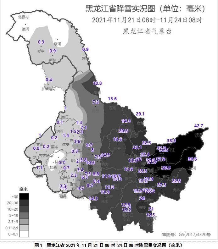 21-24日,黑龙江23个站点降雪量超过20毫米,最大的是佳木斯抚远