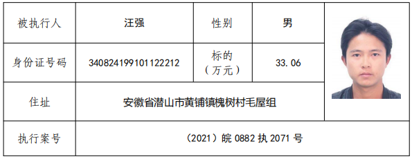 安徽省潜山市人民法院曝光失信被执行人公告2021年