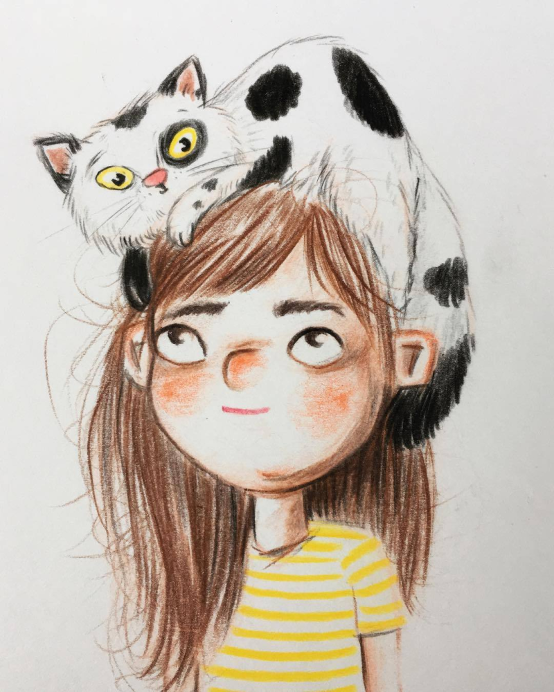 彩铅人物,搞怪又可爱的小女孩,插画师mirikft