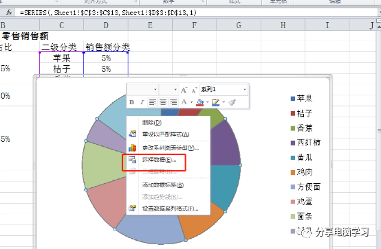 "零售销售额"工作表会弹出二维饼图的窗口,右击饼图在列表中点击"选择