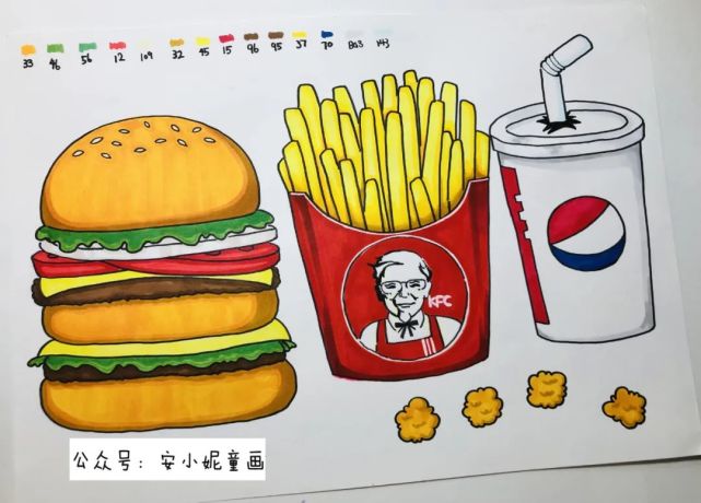 ▼第一步,用铅笔在白卡纸上画出比例一致的汉堡,薯条,可乐的简笔画,接