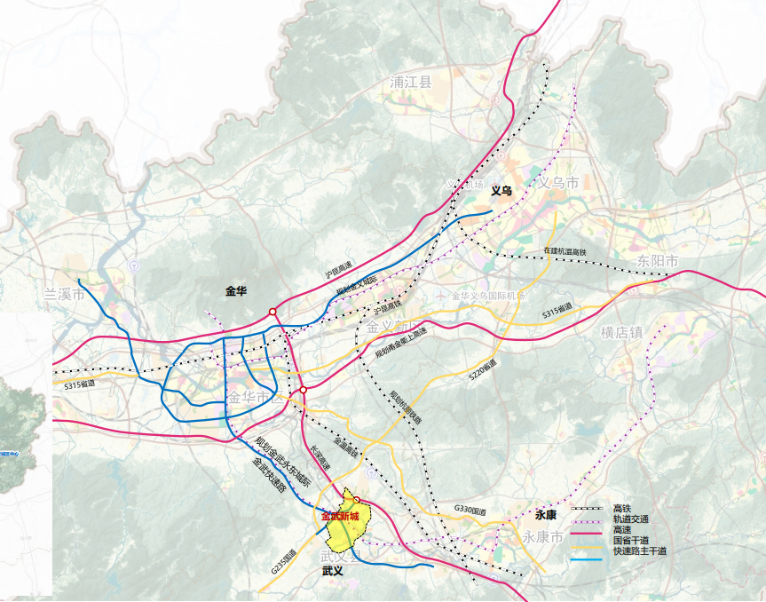 1,规划区位:金武新城位于武义县中心城区北部,与金华市区通过金武