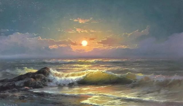 油画质感油画海水的刻画夕阳西下