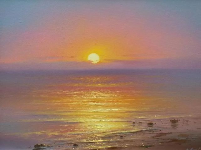油画|质感油画 海水的刻画 夕阳西下