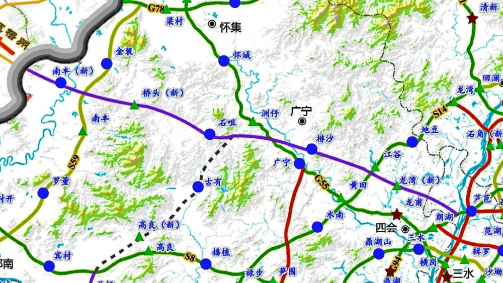 广东四会市至封开县的高速公路,预计途经南丰镇后进入