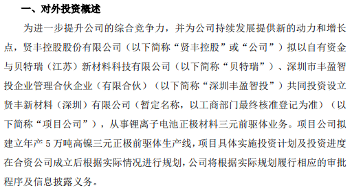 贤丰控股拟投资18亿设立项目公司建立年产5万吨高镍三元正极前驱体