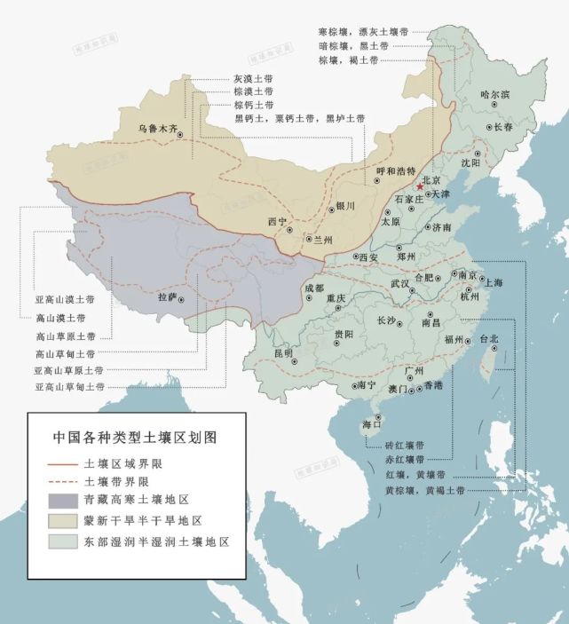 在区域划分上,我国土壤分布被划分为东部季风区,蒙新干旱区和青藏高原