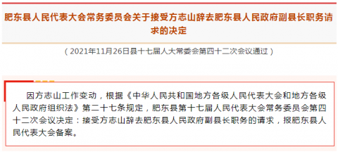 因工作变动 他辞去肥东县副县长职务|肥东县|副县长|方志山|人民代表