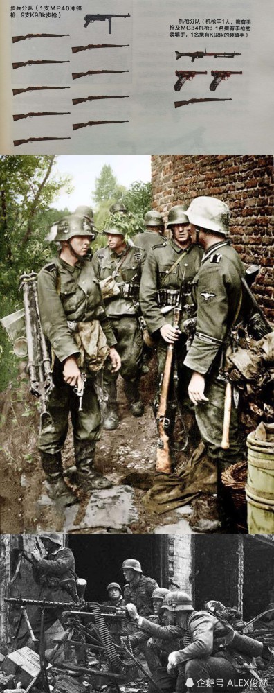 每个步兵班中,班长为冲锋枪,分为1个步枪组和1个机枪组,其中步枪组9