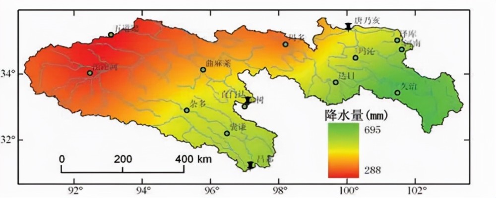 三江源区多年平均降水分布图