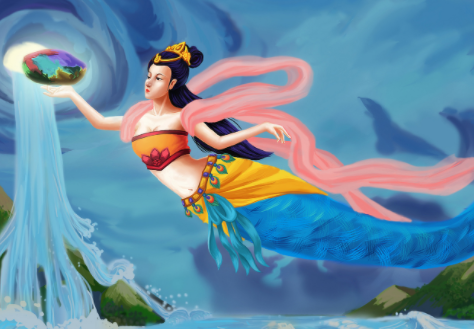 这时女娲出现练就五彩石补天上的窟窿,砍断深海巨鳖的四条腿当做四方