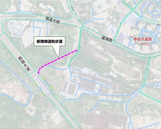 规划克服高差设置梯道,利用规划道路先期建设步道与现状道路衔接