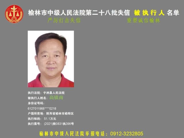 榆林市中级人民法院发布第二十八批失信被执行人名单