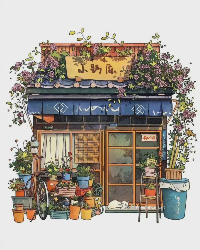 绘画参考美国插画师angelahao笔下的街边小屋小店房子建筑参考