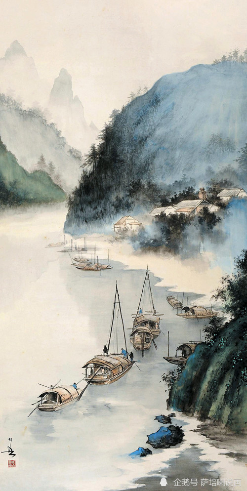 有西式风景画特征的山水画,黄幻吾绘《水上江船》