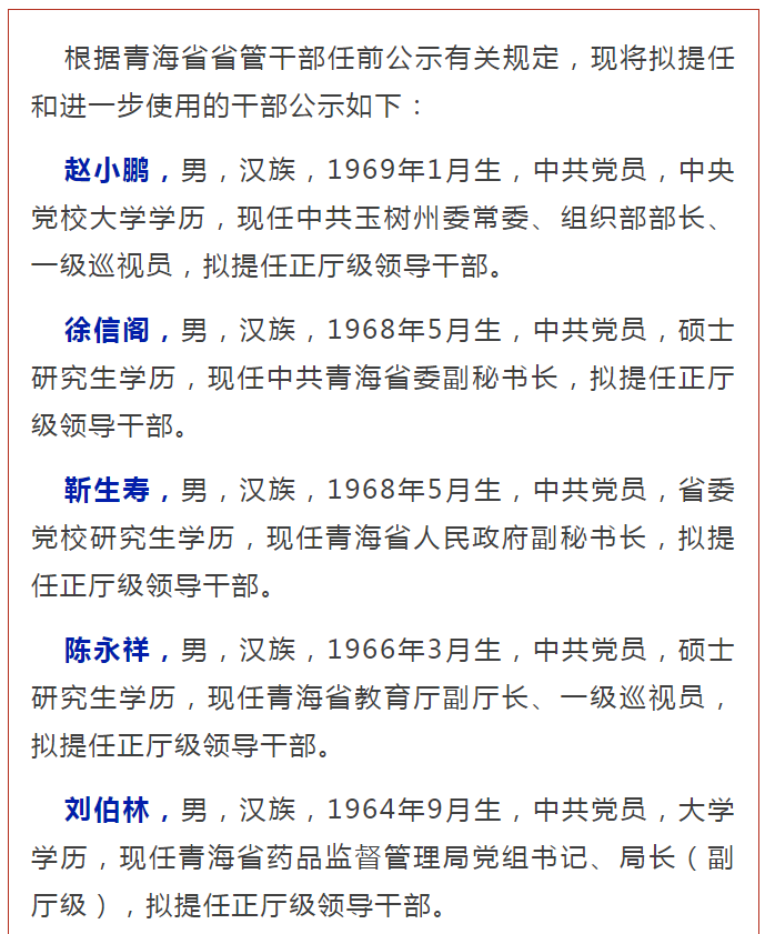 青海省委管理干部任前公示共8人