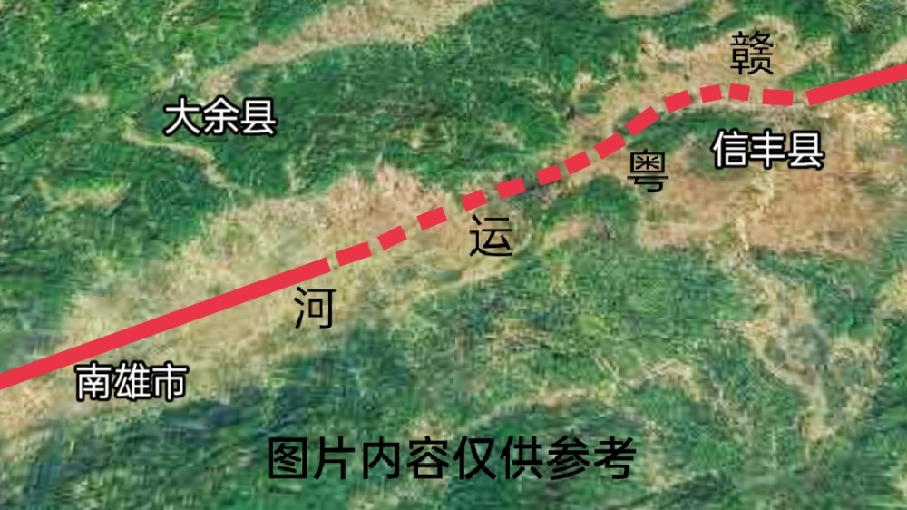 赣粤大运河江西信丰县至广东南雄市的人工运河的预测线路