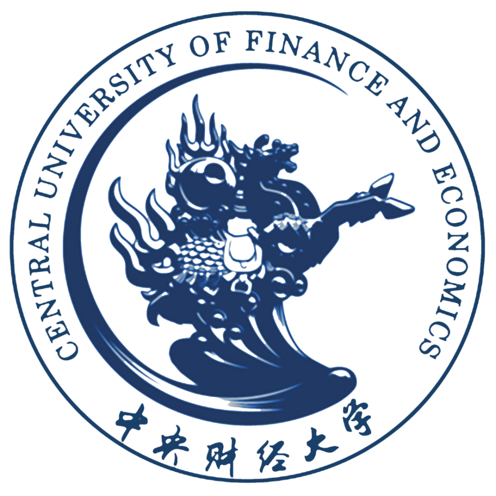 中央财经大学校徽以校园标志雕塑"龙马担乾坤"为核心主体以龙马